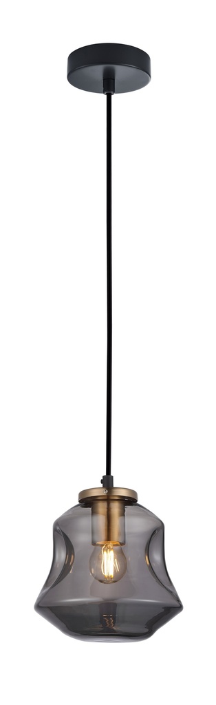 Pendant Light ES Smoke Glass Angled Bell with Antique Brass Highlgt OD170mm